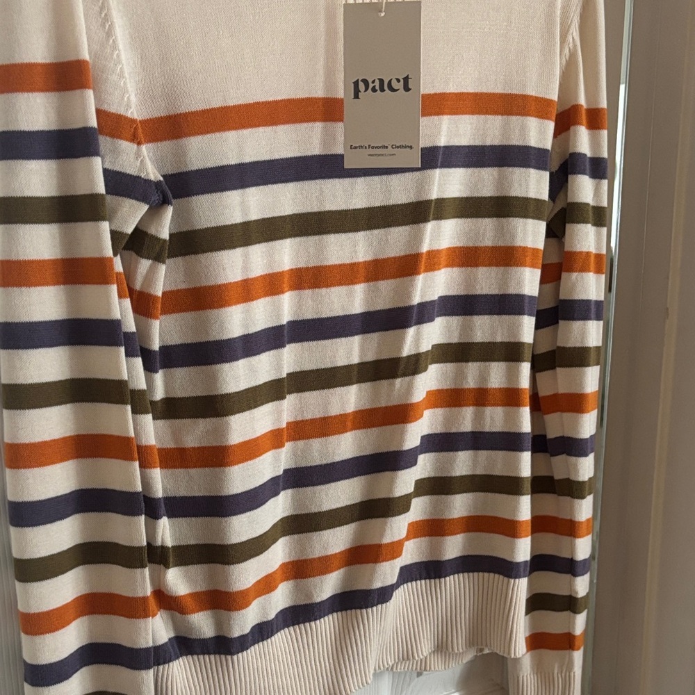 Pact Cream Sweater with Orange and Green and Navy Stripes - Picture 2 of 4